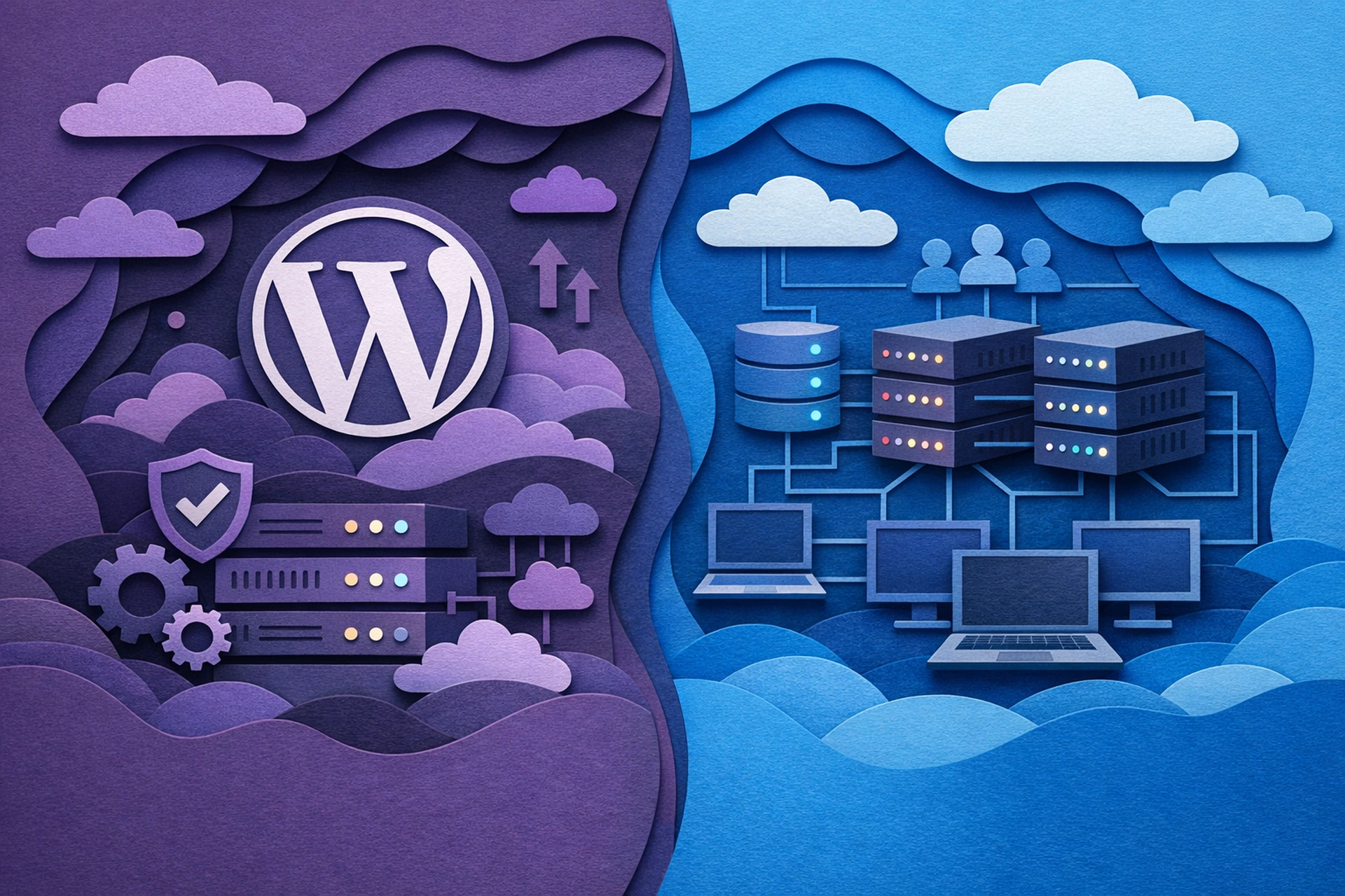 Side-by-side comparison of managed WordPress hosting vs shared hosting on a laptop screen