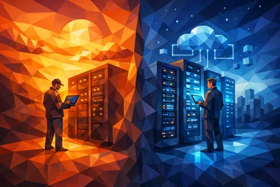 Server rack in a data center with blue lighting, representing managed hosting infrastructure