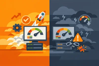 Server rack with Core Web Vitals score gauges overlay showing LCP, INP, and CLS metrics
