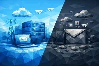 Side-by-side comparison of a free Gmail address vs. a professional business email address on a laptop screen