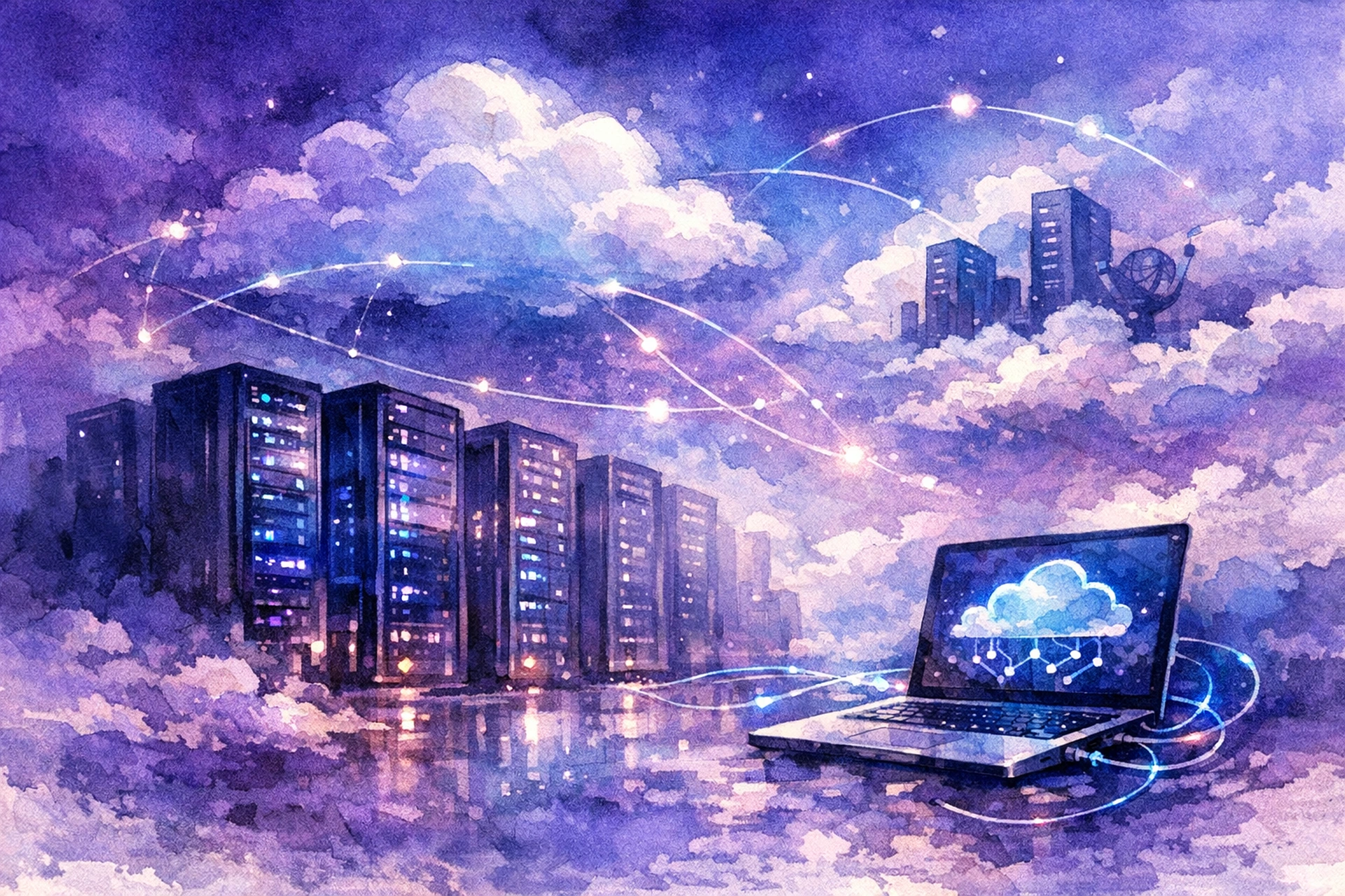 Server rack with a managed hosting dashboard on a laptop screen in the foreground